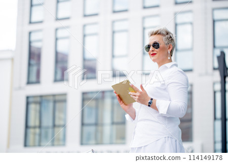 adult Business woman with tablet pc with office district on background adult Business woman with tablet pc with office district on background 114149178