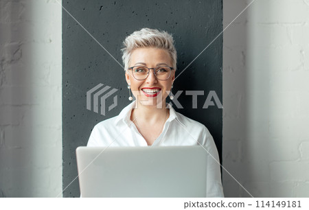 blonde business woman with laptop computer, she love her work blonde business woman with laptop computer, she love her work 114149181