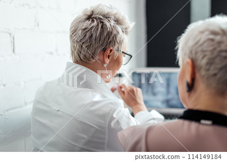 rear view of mature businesswomen working with laptop in office rear view of mature businesswomen working with laptop in office 114149184