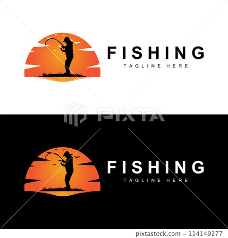 fishing logo icon vector, catch fish on the boat, outdoor sunset silhouette design 114149277