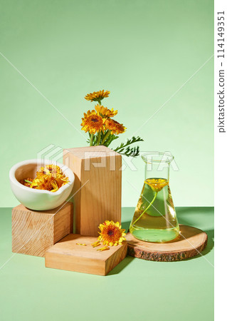 Concept for advertising cosmetics with natural ingredient - calendula. Fresh flowers with flask and wooden block decorated on a green background. Blank space for display product 114149351