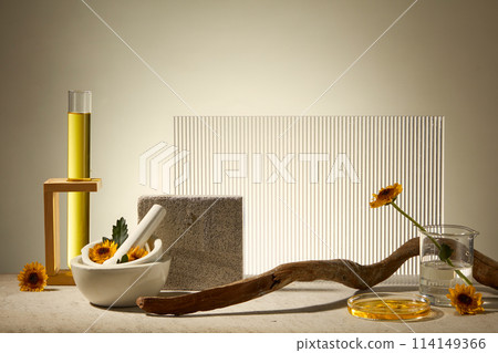 Photo for advertising cosmetic with calendula ingredient. Lab glassware containing flower decorated with branch tree, brick podium and acrylic sheet on backlit background Photo for advertising cosmetic with calendula ingredient. Lab glassware containing flower decorated with branch tree, brick podium and acrylic sheet on backlit background 114149366