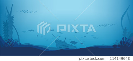 Background material of a sunken ship and a shark silhouette in the sea Horizontal 114149648