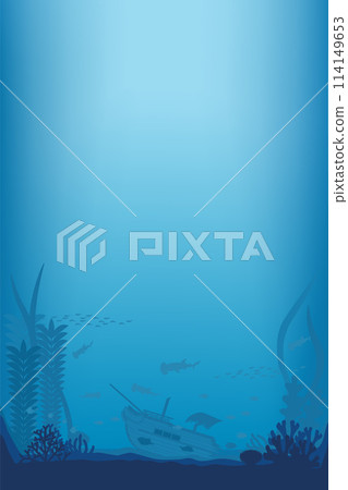 Background material of a sunken ship and a silhouette of a shark in the sea (vertical orientation) Background material of a sunken ship and a silhouette of a shark in the sea (vertical orientation) 114149653