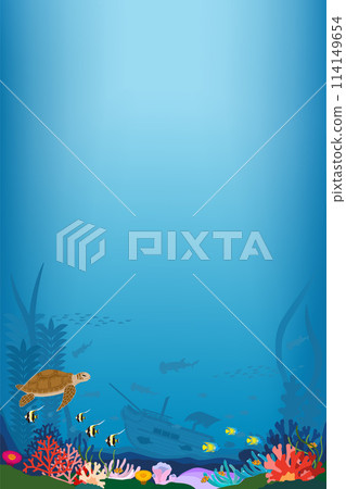 Background material of sea turtles, tropical fish and sunken ships floating in the coral reef, portrait orientation Background material of sea turtles, tropical fish and sunken ships floating in the coral reef, portrait orientation 114149654