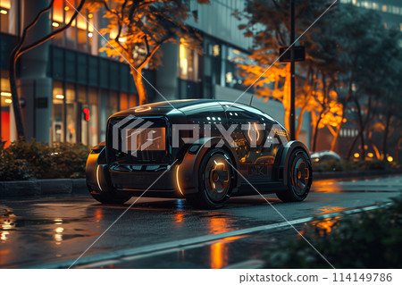Futuristic Car Drives Through Night City 114149786