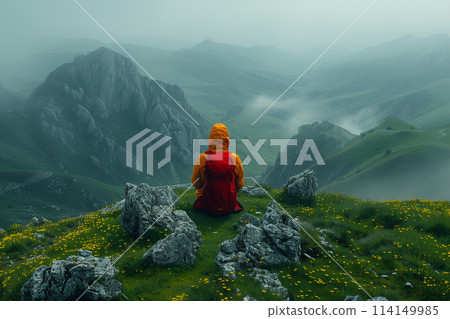 Person Sitting on Lush Green Hillside 114149985
