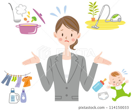 Balancing work, housework and childcare, stress, busy mother, working woman 114150033