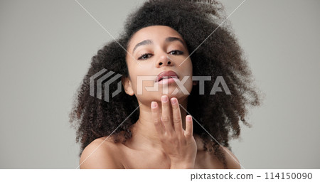 Beauty and healthcare concept - beautiful African American woman with curly afro hairstyle and clean, healthy skin touches her cheek and face with her hand, posing and looking at the camera Beauty and healthcare concept - beautiful African American woman with curly afro hairstyle and clean, healthy skin touches her cheek and face with her hand, posing and looking at the camera 114150090