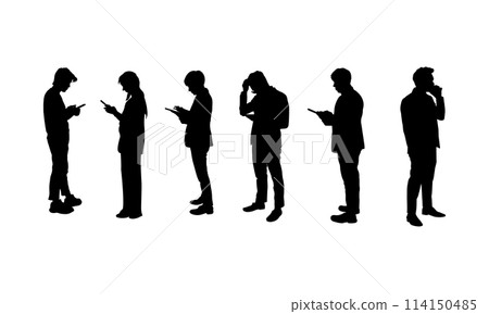 graphics silhouette Business woman and man hold smartphone for connection by technology vector illustration graphics silhouette Business woman and man hold smartphone for connection by technology vector illustration 114150485