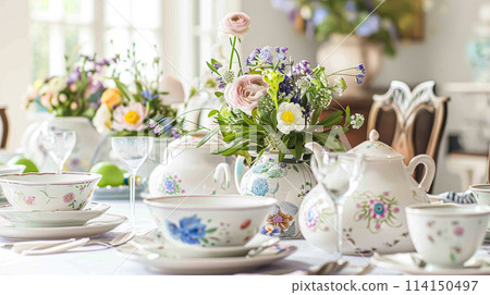 Easter table setting with painted eggs, spring flowers and crockery. Rustic style, selective focus 114150497