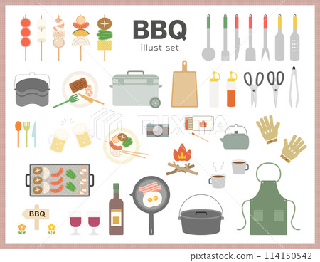 Barbecue Outdoor Illustration Set BBQ Cheers Cooking Utensils Variation Cute No Line 114150542