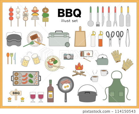 Barbecue Outdoor Illustration Set BBQ Cheers Cooking Utensils Line Drawing Variation Cute Barbecue Outdoor Illustration Set BBQ Cheers Cooking Utensils Line Drawing Variation Cute 114150543