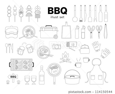 Barbecue Outdoor Illustration Set BBQ Cheers Cooking Utensils Line Drawing Line Black and White Variation Barbecue Outdoor Illustration Set BBQ Cheers Cooking Utensils Line Drawing Line Black and White Variation 114150544