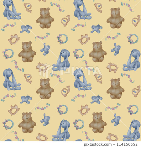 Toddler various toys seamless pattern isolated on beige. Teddy bear and soft hare toy, beanbag in watercolor hand drawn . Accessories for little children in pastel shades. Design for textile, fabric Toddler various toys seamless pattern isolated on beige. Teddy bear and soft hare toy, beanbag in watercolor hand drawn . Accessories for little children in pastel shades. Design for textile, fabric 114150552