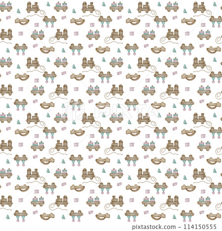 Toddler wooden toys seamless pattern isolated on white. Baby stacking train toy with geometric blocks in watercolor hand drawn . Car for little children in pastel shades. Design for textile, fabric Toddler wooden toys seamless pattern isolated on white. Baby stacking train toy with geometric blocks in watercolor hand drawn . Car for little children in pastel shades. Design for textile, fabric 114150555