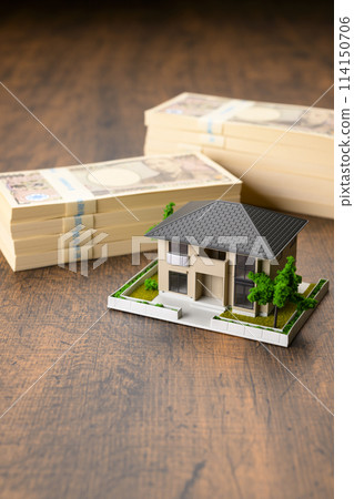Miniature house and stack of bills 114150706