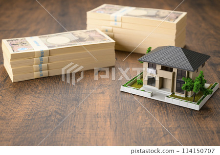 Miniature house and stack of bills 114150707