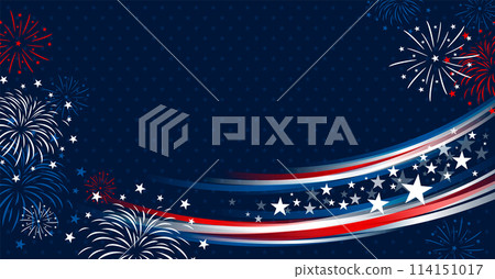 4th of july USA independence day banner design of stars and line curve with fireworks on blue background with copy space vector illustration 114151017