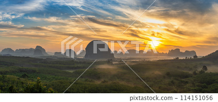 Mountain sunrise view at Din Deang Doi viewpoint with tropical forest, Krabi Thailand nature landscape panorama 114151056