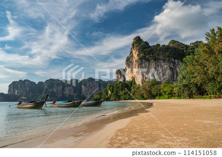 Tropical islands view with ocean blue sea water and white sand beach at Railay Beach, Krabi Thailand nature landscape 114151058