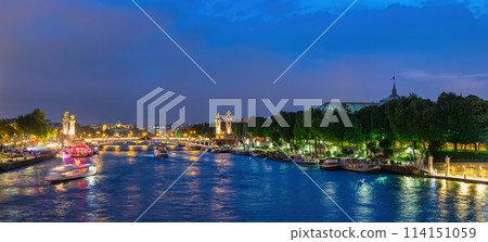 Paris France, panorama city skyline night at Seine River with Pont Alexandre III bridge and Grand Palais 114151059