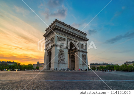 Paris France, city skyline sunset at Arc de Triomphe and Champs Elysees Paris France, city skyline sunset at Arc de Triomphe and Champs Elysees 114151065