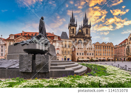 Prague Czech Republic, city skyline at Jan Hus monument statue Prague old town square, Czechia Prague Czech Republic, city skyline at Jan Hus monument statue Prague old town square, Czechia 114151078