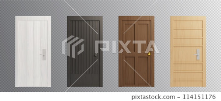 Closed wooden front doors of different colors 114151176