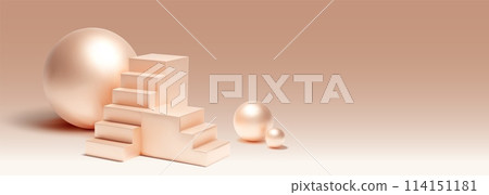 Pearl pink stair podium, balls on beige background 114151181