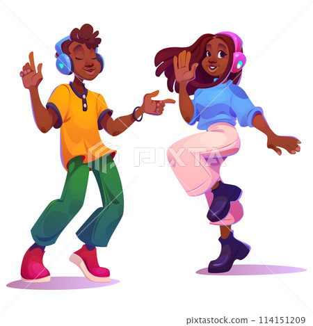 Happy man and woman people character listen music 114151209