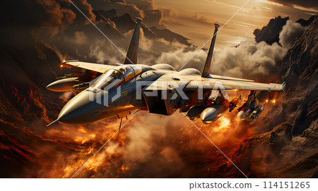 Military combat aircraft fighter flies at high speed and shoots missiles. Air Force. AI generated Military combat aircraft fighter flies at high speed and shoots missiles. Air Force. AI generated 114151265
