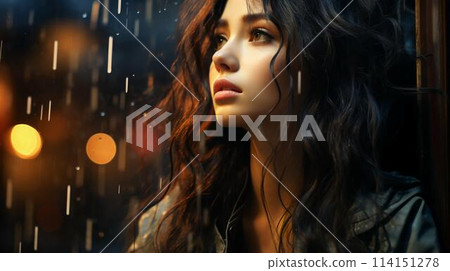 A beautiful pensive woman looks out the window at night during the rain and drops flow down the glass. Face of a sad girl close-up. AI generated 114151278