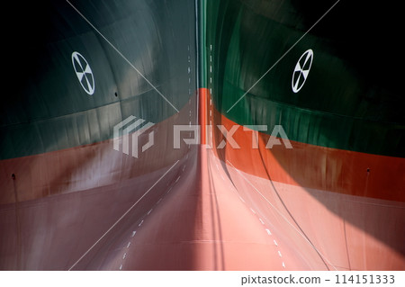 The bow of a cargo ship at the shipyard in Imabari Hatohama The bow of a cargo ship at the shipyard in Imabari Hatohama 114151333