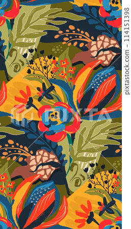 Vector seamless pattern with bright flowers and leaves. Endless floral background Vector seamless pattern with bright flowers and leaves. Endless floral background 114151398