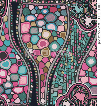 Vector seamless colorful abstract organic pattern. Abstract background in biological style. Macro image, plants, magnified under a microscope. Vector seamless colorful abstract organic pattern. Abstract background in biological style. Macro image, plants, magnified under a microscope. 114151400