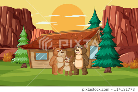 Happy Bear Family Outside Wooden Cabin 114151778