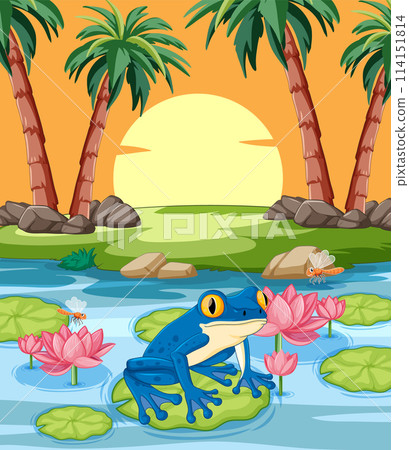 Tropical Frog on Lily Pad at Sunset 114151814