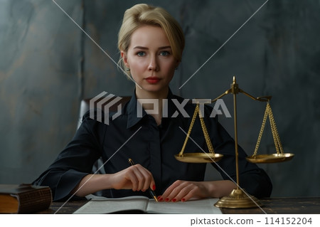 A young fair woman judge works in her office. A young fair woman judge works in her office. 114152204