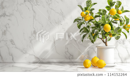 Modern minimalistic white kitchen interior with quartz countertop and potted lemon tree, copy space 114152264