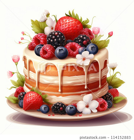 Festive sponge cake with cream, icing and berries 114152883