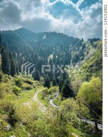 A stunning landscape with a winding road through a lush valley. Blue sky, green trees, peaceful scene surrounded by nature. 114152902