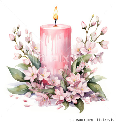 Burning candle decorated with flowers watercolor illustration 114152910