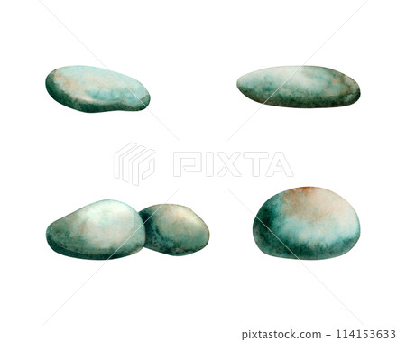 Underwater sea stones watercolor illustration set isolated on white. Hand drawn pebbles in green turquoise monochrome colors of round and oval shape for nautical and marine designs 114153633