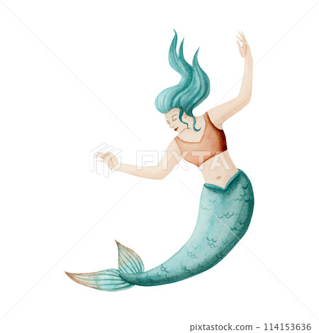 Watercolor mermaid girl in orange and turquoise blue colors illustration isolated on white. Mermaid women month character with raised hands and hair in realistic style 114153636