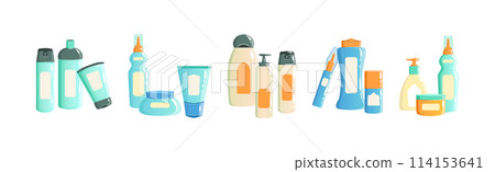Different Cosmetic Plastic Bottle and Tube Container Vector Set 114153641
