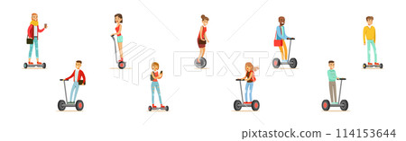 Young Man and Woman Ride Unicycle and Hoverboard Vector Set Young Man and Woman Ride Unicycle and Hoverboard Vector Set 114153644