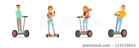 Young Man and Woman Ride Hoverboard Vector Set 114153653