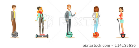 Young Man and Woman Ride Unicycle and Hoverboard Vector Set Young Man and Woman Ride Unicycle and Hoverboard Vector Set 114153656