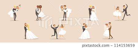 Couple of Bride and Groom Newly Weds Vector Set 114153659
